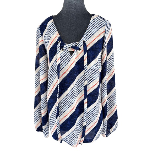Laundry By Shelli Segal Tops - Laundry Shelli Segal Navy Nautical Stripe Edgy Grommet Lace Up V-Neck Blouse S